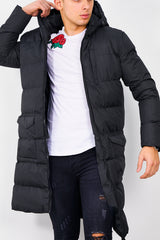 Mens Black Longline Hooded Puffer Coat