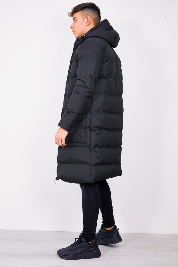 Mens Black Longline Hooded Puffer Coat