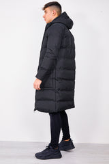 Mens Black Longline Hooded Puffer Coat