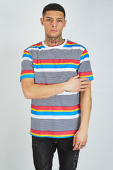 Mens Navy Multi Stripe Crew Neck T-Shirt