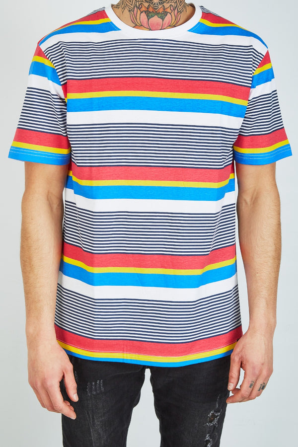 Mens Navy Multi Stripe Crew Neck T-Shirt
