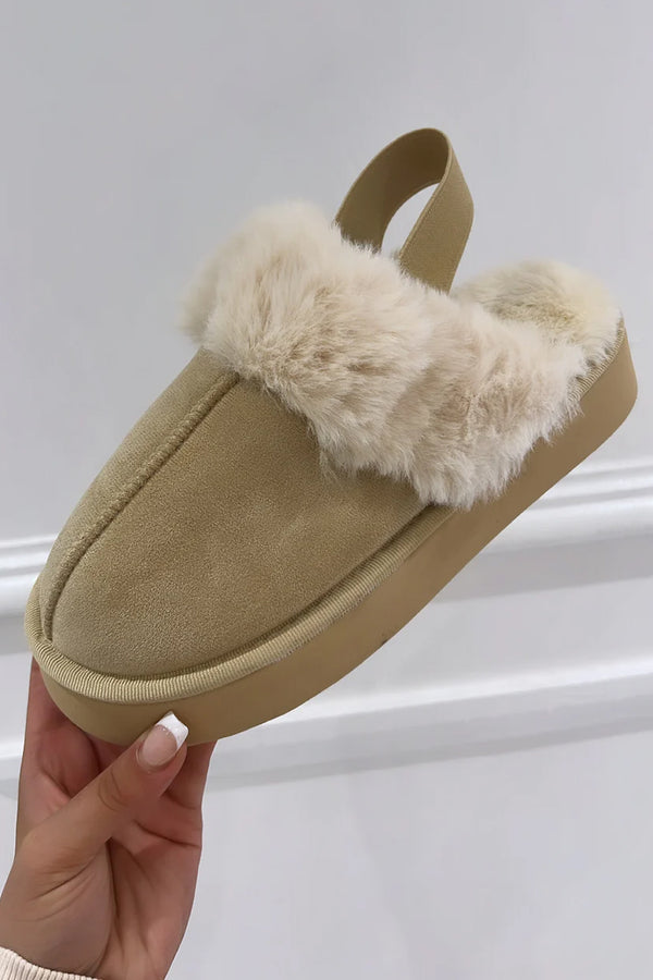 Beige Faux Suede Platform Chunky Slipper