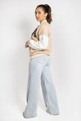Beige Letter Patched Contrast Sleeve Varsity Jacket