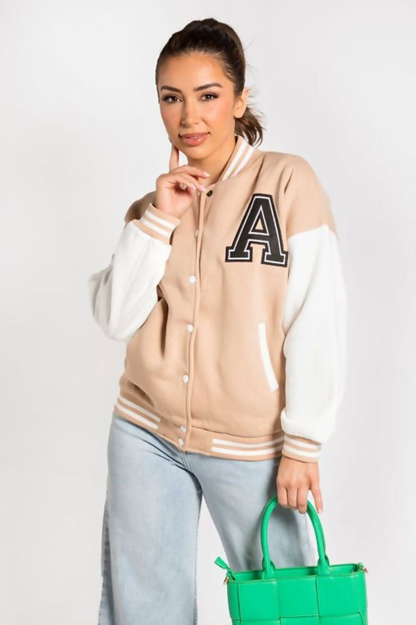Beige Letter Patched Contrast Sleeve Varsity Jacket
