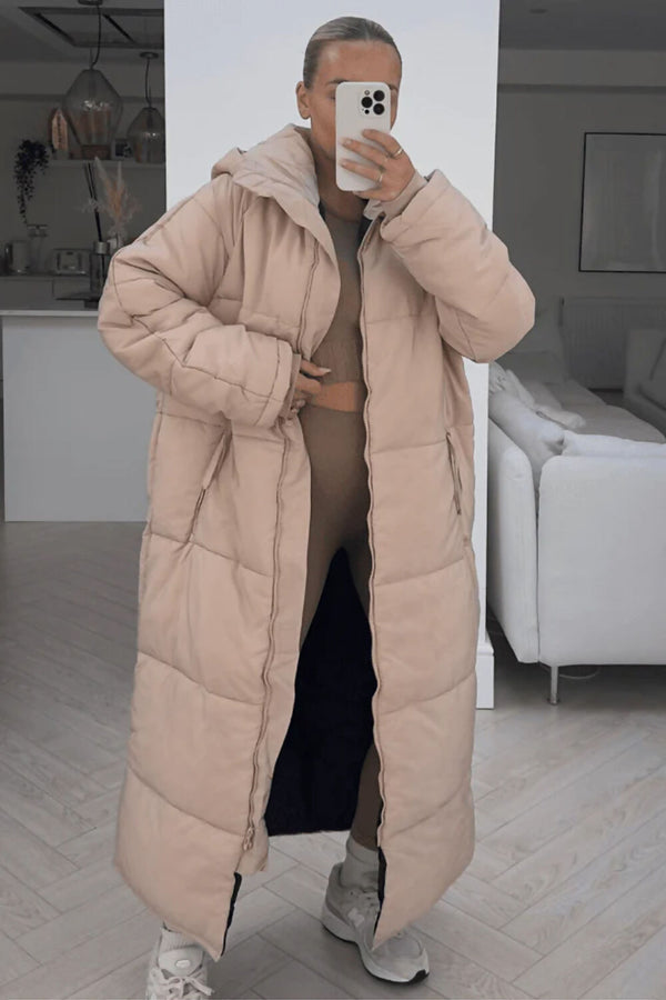Beige Long Puffer Hooded Duvet Coat