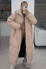 Beige Long Puffer Hooded Duvet Coat
