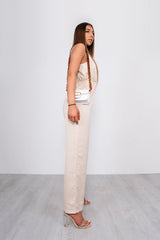 Beige Plunge Strappy Wide Leg Jumpsuit