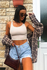 Beige Ribbed Ruched Side Crop Top