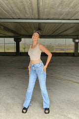 Beige Ribbed Ruched Side Crop Top