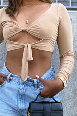 Beige Slinky Double Knot Front Long Sleeve Crop Top 
