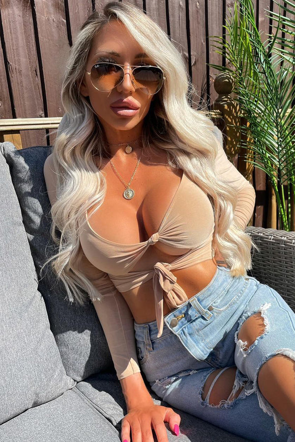 Beige Slinky Double Knot Front Long Sleeve Crop Top 