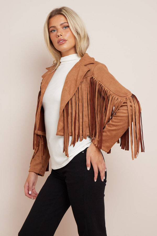 Beige Suede Fringe Cropped Jacket