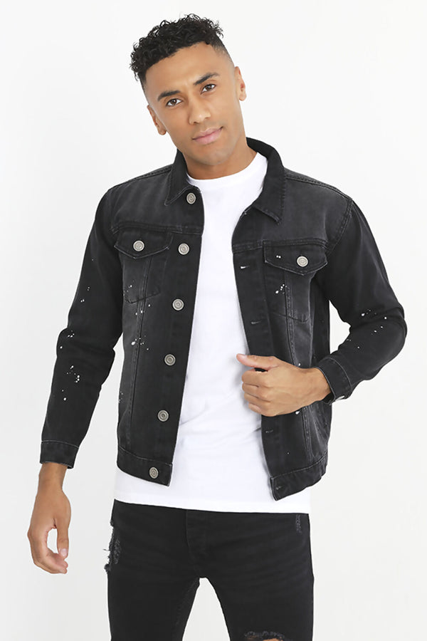 Mens Black Paint Splash Denim Jacket