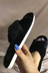 Black Fluffy Cross Strap Slippers