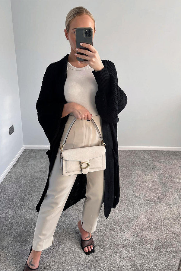 Black Longline Balloon Sleeve Knitted Cardigan