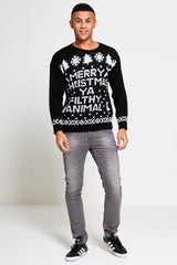 Mens Black Merry Christmas Slogan Knitted Jumper