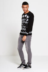 Mens Black Merry Christmas Slogan Knitted Jumper
