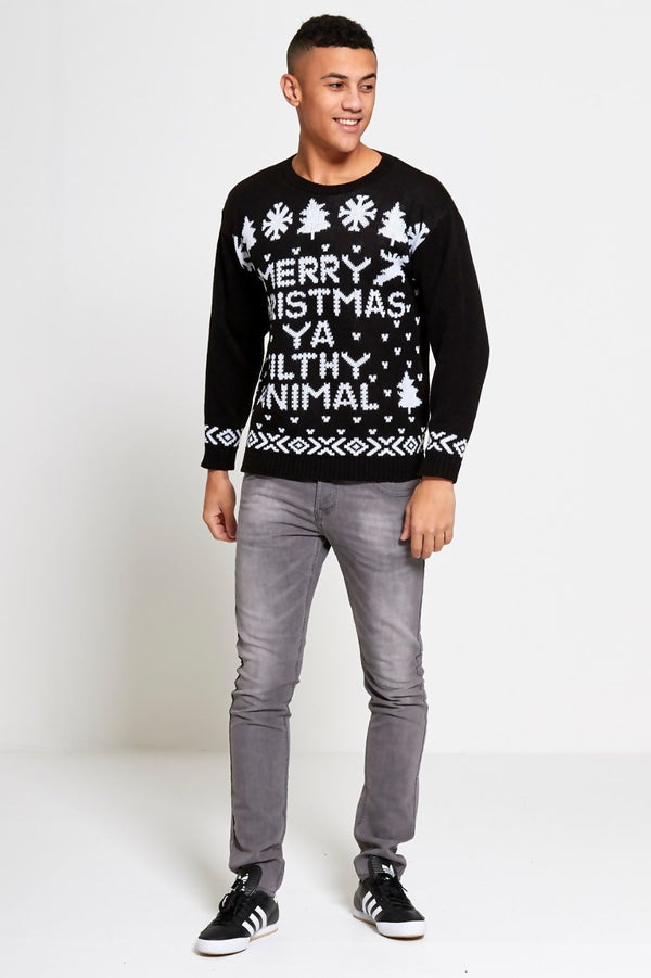 Mens Black Merry Christmas Slogan Knitted Jumper