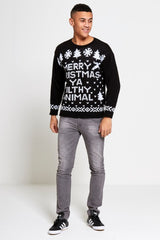Mens Black Merry Christmas Slogan Knitted Jumper