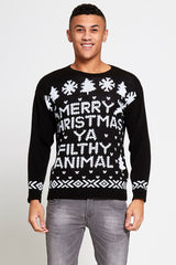 Mens Black Merry Christmas Slogan Knitted Jumper