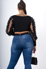 Black floral applique mesh sleeve ribbed crop top