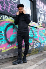 Mens Black Multi Zip Muscle Fit Hooded Tracksuit