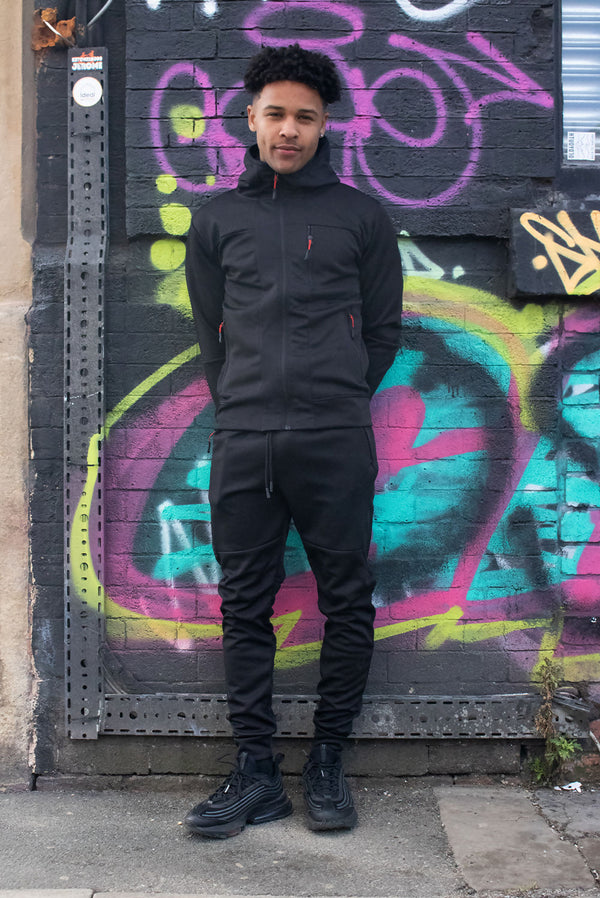 Mens Black Multi Zip Muscle Fit Hooded Tracksuit