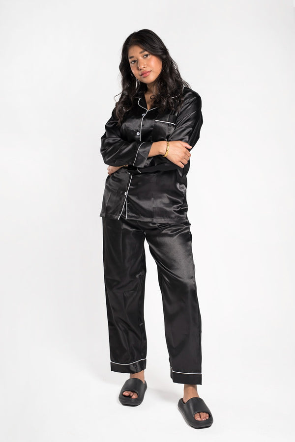 Black Piping Detail Long Sleeve Satin Pyjama Set
