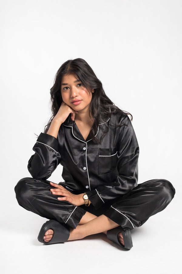 Black Piping Detail Long Sleeve Satin Pyjama Set