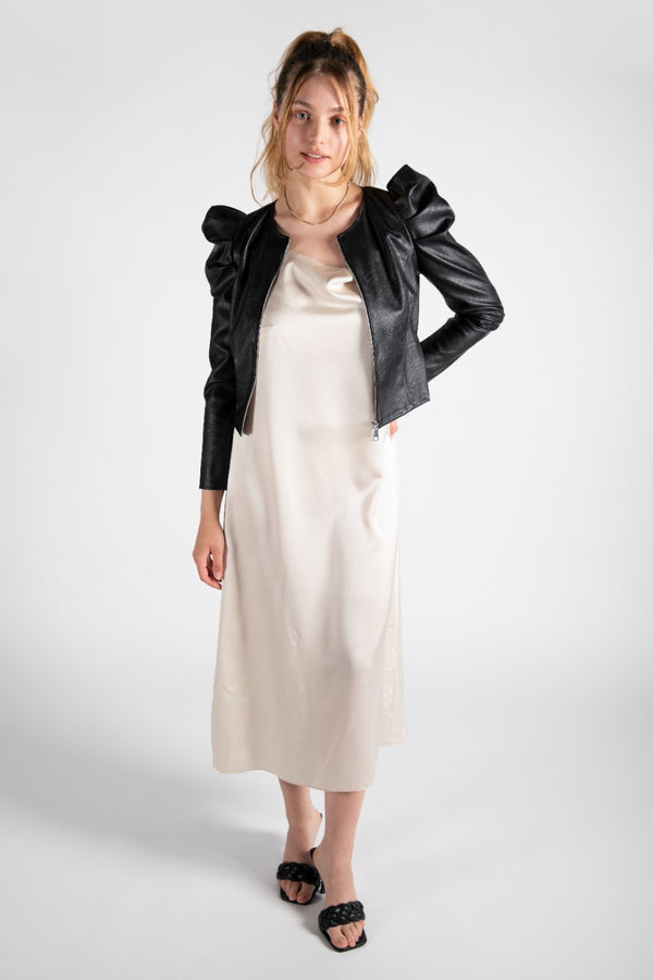 Black Puff Sleeve Zip Faux Leather Jacket 