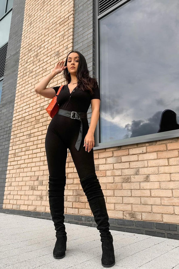 Black Rib Button Up Short Sleeve Jumpsuit