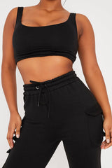 Black Scoop Neck Crop Top and Cargo Jogger Set