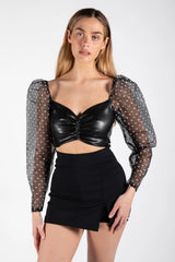 Black Sheer Polka Dot Mesh Sleeve Leather PU Crop