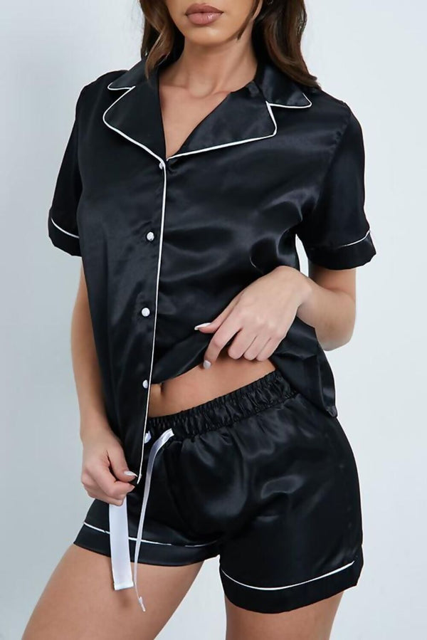 Black Piped Satin Shorts Pyjama Set