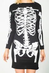 Black Petite Halloween Skeleton Long Sleeve Print T-shirt Dress