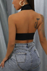Black Slinky Cross Front Halterneck Crop Top 
