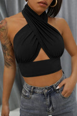 Black Slinky Cross Front Halterneck Crop Top 