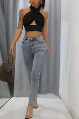 Black Slinky Cross Front Halterneck Crop Top 