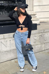 Black Slinky Double Knot Front Long Sleeve Crop Top 