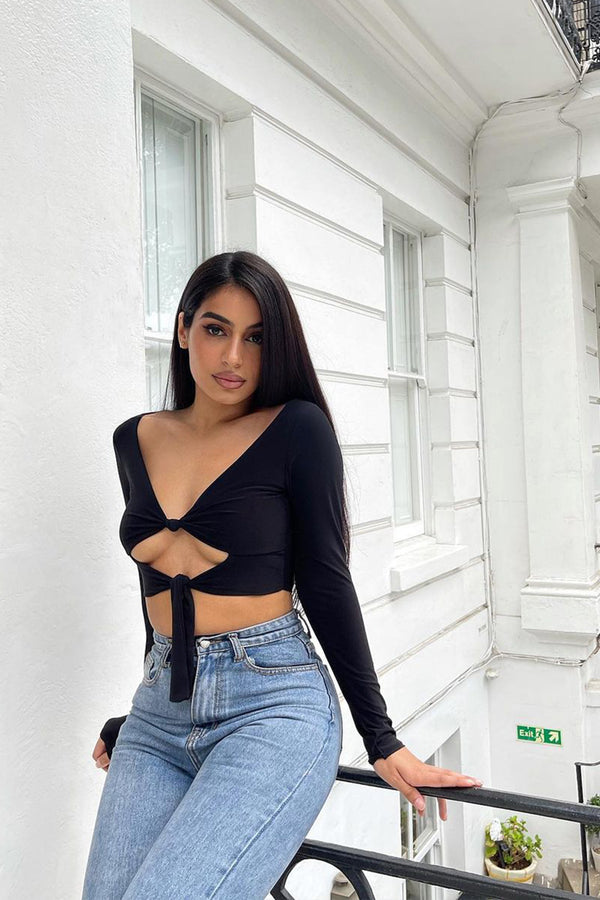 Black Slinky Double Knot Front Long Sleeve Crop Top 
