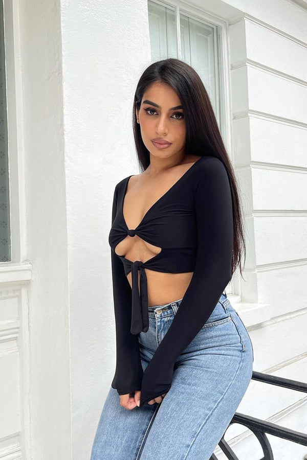 Black Slinky Double Knot Front Long Sleeve Crop Top 