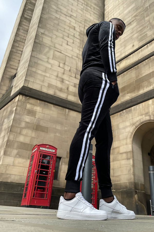 Black Velvet Twin Side Stripe Hooded Skinny Tracksuit