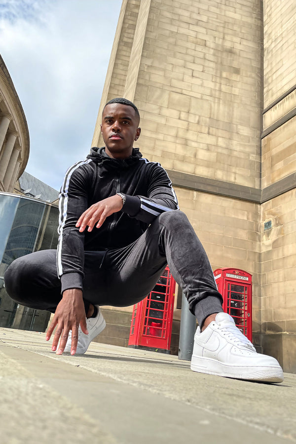 Black Velvet Twin Side Stripe Hooded Skinny Tracksuit