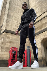 Black Velvet Twin Side Stripe Hooded Skinny Tracksuit
