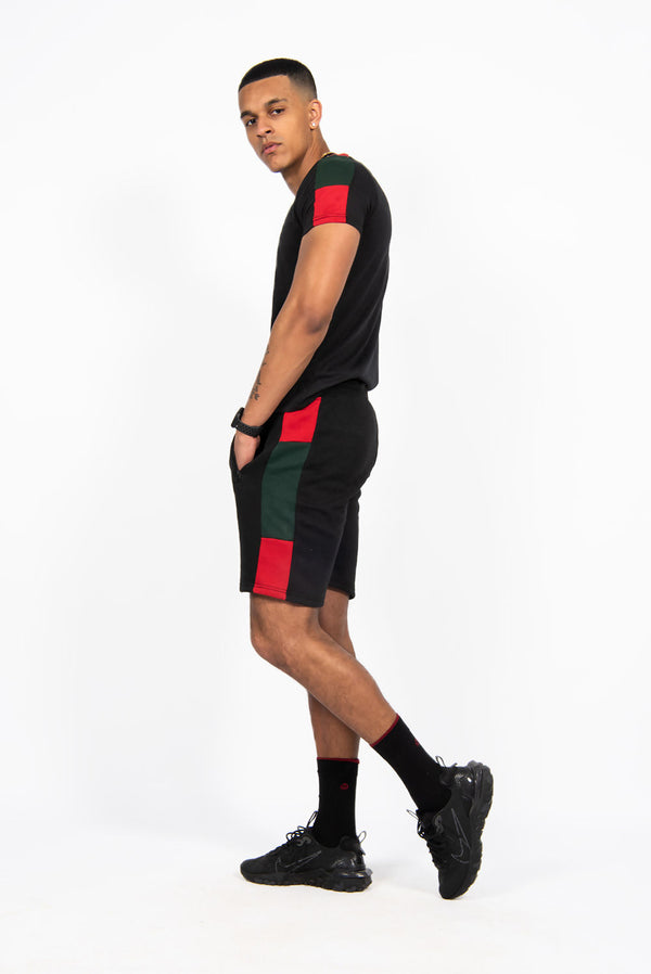Mens Black With Red And Green Side Stripe Short Set