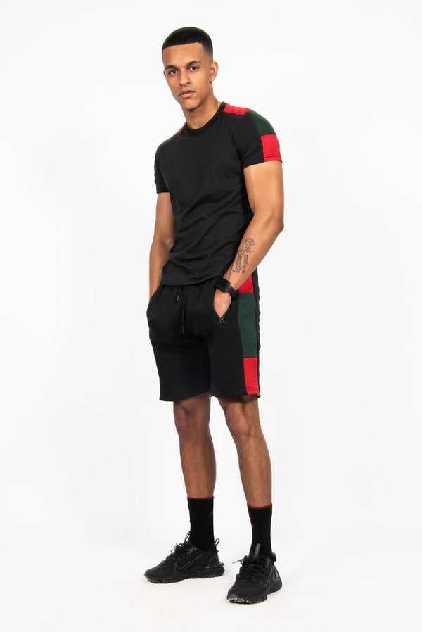 Mens Black With Red And Green Side Stripe Short Set