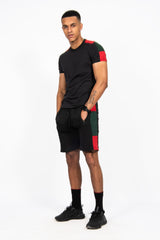 Mens Black With Red And Green Side Stripe Short Set