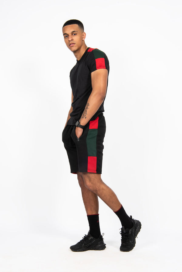 Mens Black With Red And Green Side Stripe Short Set