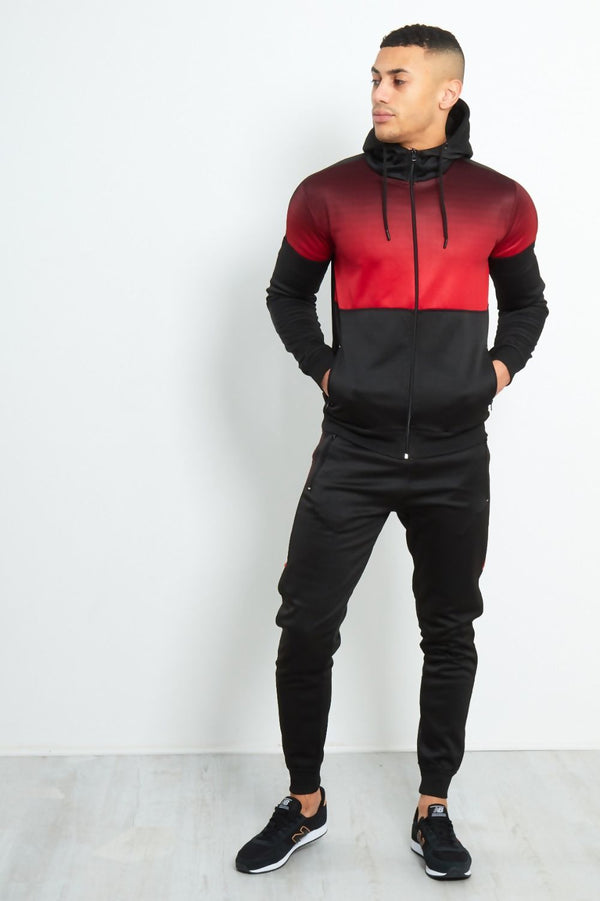 Mens Black with Red Faded Funnel Hood Tracksuit