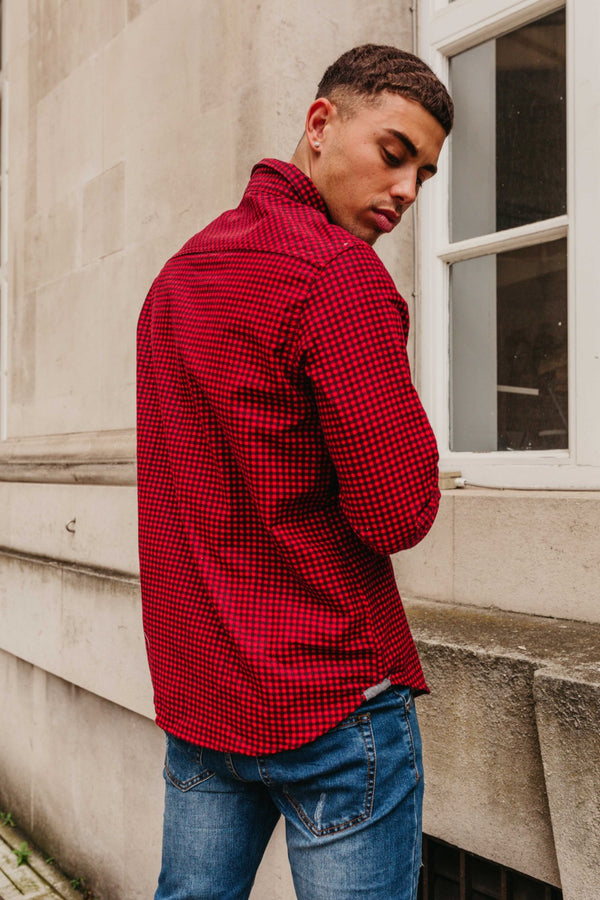 Mens Red Long Sleeve Gingham Shirt